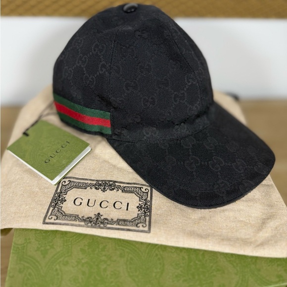 GUCCI ORIGINAL GG CANVAS BASEBALL HAT WITH WEB IN BLACK - Picture 1 of 8